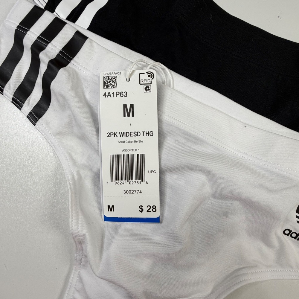 Adidas Originals 2-Pack Wide Side Thong Women M Black White 3-Stripe Trefoil - Picture 3 of 4